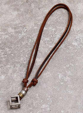 欧美跨境男士饰品合金镂空方框吊坠牛皮项链 可调节复古项饰