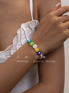 [几件小事]波西米亚森女系清新度假风甜美小碎花雏菊米珠锁骨项链