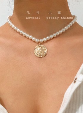 [几件小事]森女系清新名媛风圆硬币人像镂空小花珍珠多层锁骨项链