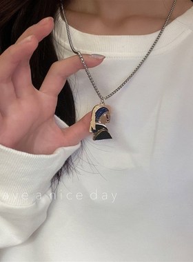 -Oil painting girl necklace autumn and winter new couple mod