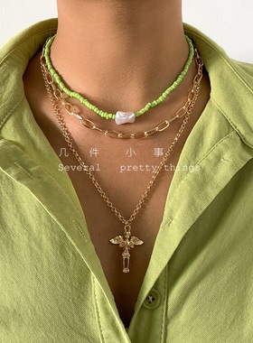 几件小事波西米亚森女系小清新复古异形仿珍珠绿米珠十字人像项链