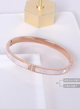 手镯钛钢手环金贝壳玫瑰女小众轻奢不设计高级感镶钻白简约川贝母