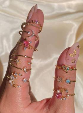 Fashion Star Moon Combination Ring 18K Gold Colorful Zircon