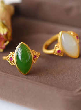 New Hetian jade living mouth ring white jade jasper ring pla