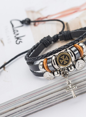 2023欧美潮人十字架手链个性男女流行编织皮革手链男士饰品手环