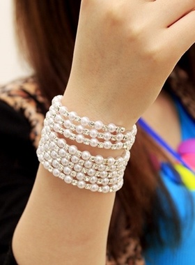 韩版时尚多层珍珠镶钻缠绕螺旋手链宽手镯女弹力宽手环