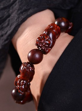 印度赞比亚小叶紫檀手串貔貅手链精细雕刻男女血檀佛珠老料本命年