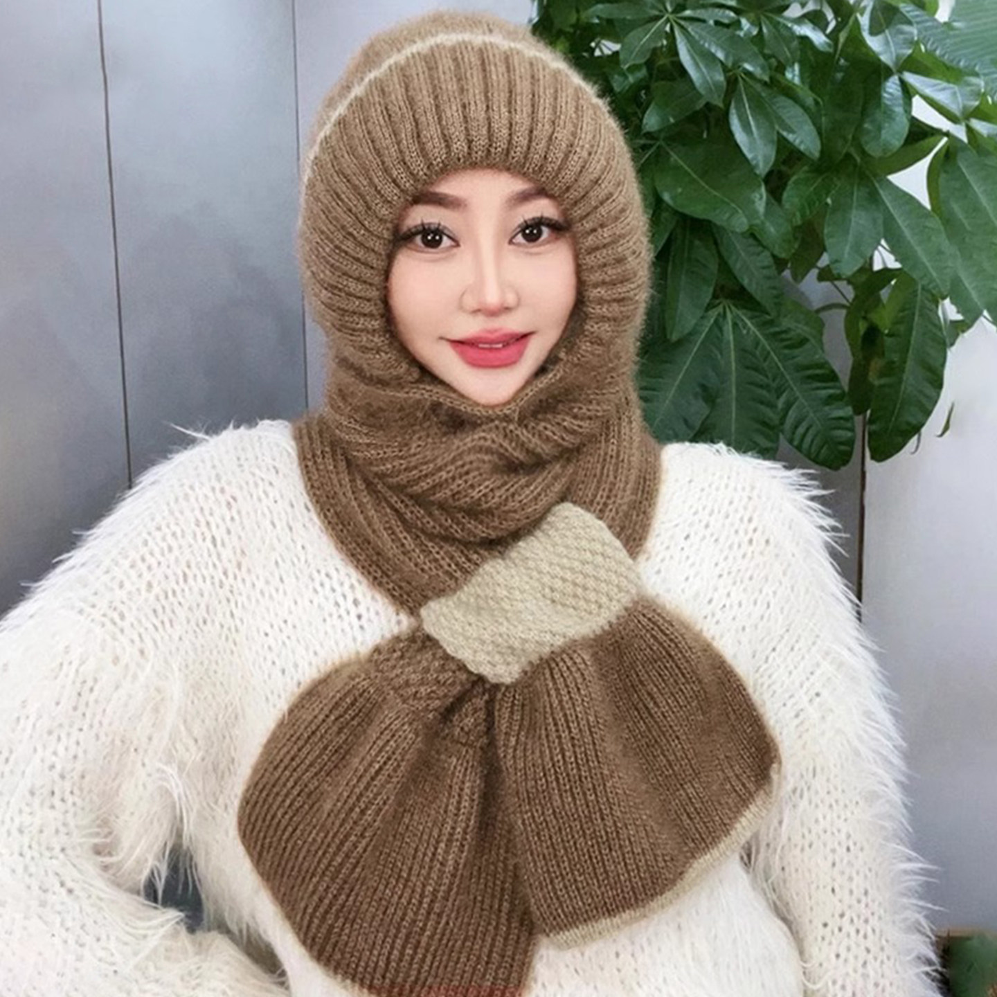 加绒加厚帽子围巾一体冬季保暖新款针织毛线风雪帽松鼠绒保暖帽女,淘宝优惠券,粉丝福利购,淘宝优惠卷