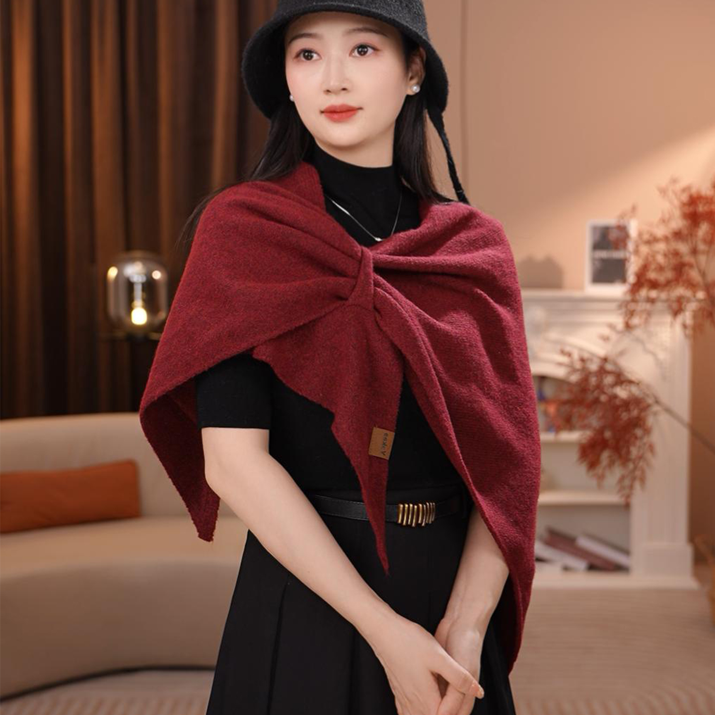 慵懒风三角围巾女秋冬保暖护颈围脖羊毛混纺纯色空调房大披肩外搭