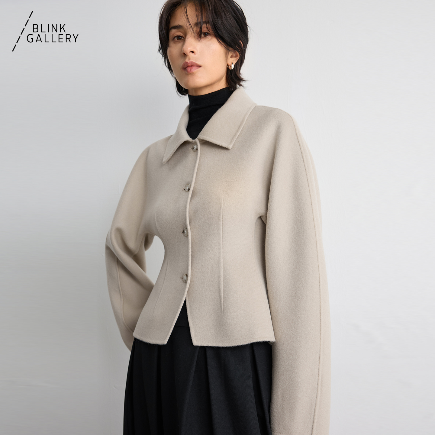 BLINK/进口頂奢羊毛羊绒爆款箱型收腰短上衣细腻翻领双面呢外套 - 图3