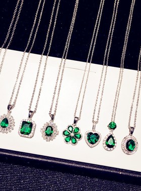 祖母绿宝石水晶短款项链锁骨链轻奢复古简约仙女锆石水滴心形女潮