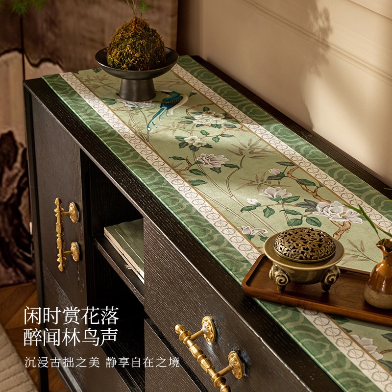 极速新中式长条桌布茶室茶旗美式复高级感轻奢桌旗五斗柜盖布翠玉 - 图2