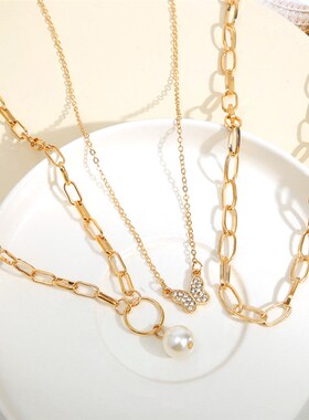 新款蝴蝶吊坠项链ins风复古多层叠戴项链简约珍珠吊坠项链锁骨链