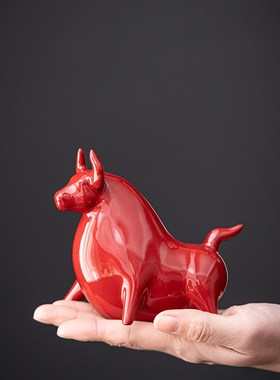 速发创财陶瓷招意家牛摆件红居客厅办公室桌面装饰生肖牛礼品牛气