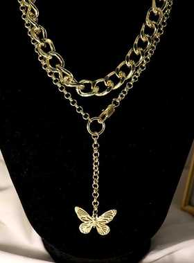 欧美夏季甜美bm风金属蝴蝶流苏吊坠Y字型多层项链男女性感锁骨链