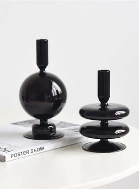 ins北欧风创意莱茵蓝几何玻璃烛台样板间软装工艺品抽象艺术摆件