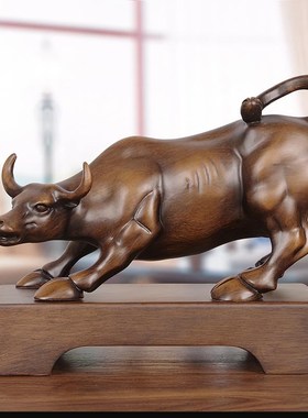 现货速发实木雕华尔街牛摆件招财办公室老板桌装饰工艺品公司开业
