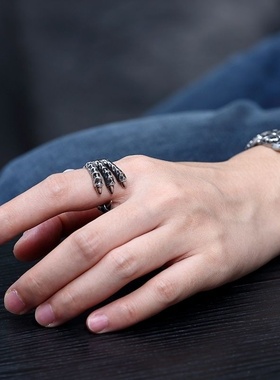 网红男士霸气开口戒指鹰龙爪戒指万圣节骷髅头戒指摇滚饰品