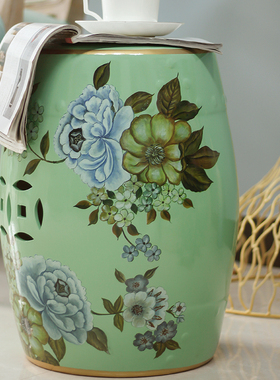 新中式陶瓷鼓凳客厅装饰摆件美式玄关梳妆换鞋凳子大号坐凳圆绣墩