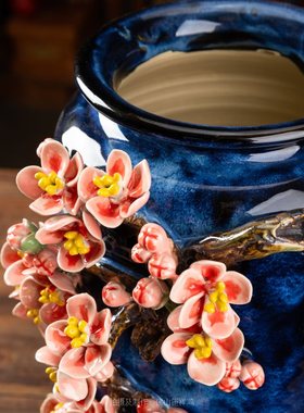 岭南蓝钧桃花瓶石湾陶瓷插花花瓶生日贺寿开业乔迁礼品电视柜摆件