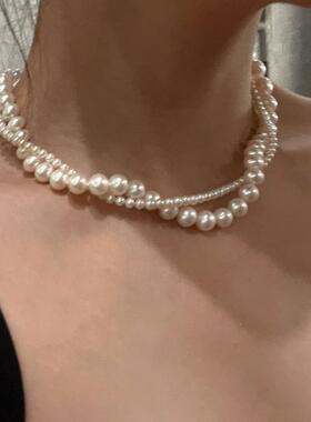 甜蜜辣酱Xu双层缠绕珍珠项链颈链女轻奢高级设计感小众锁骨链短款