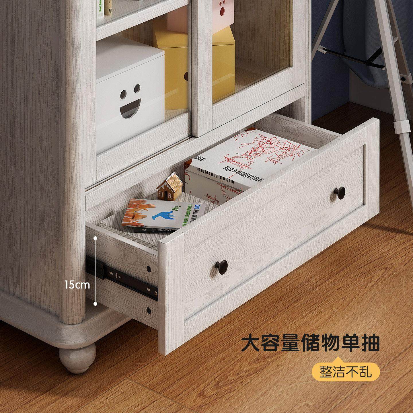 儿童落地书柜实木玻璃拉门防尘家用客厅阅读收纳一体置物架书架 - 图2