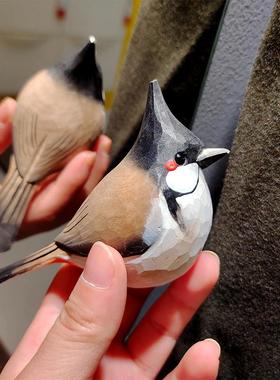 菠菜秘屿 报喜鸟红耳鹎 原创木雕小鸟 手工实木桌面摆件生日礼物