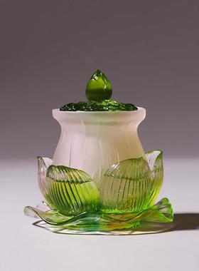 琉璃佛具套装摆件青莲花瓶供盘净水杯香炉莲花观音家居佛堂供奉