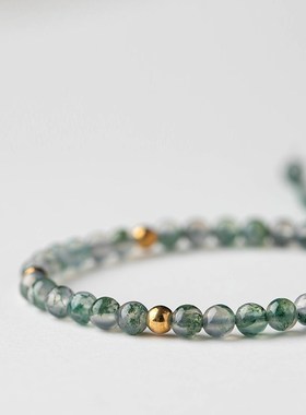 水草玛瑙14K包金珠手链手工饰品小众礼物绿色财源好运珠女复古