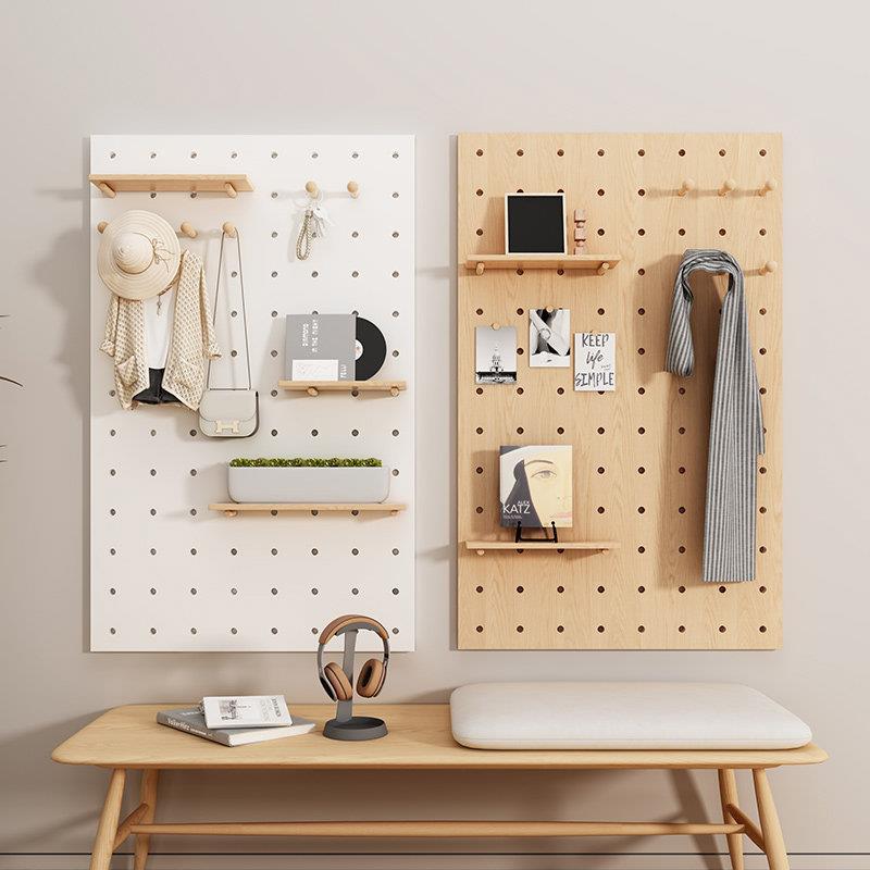 Solid wood hole board custom wall storage rack wall-mounted entrance storage rack wooden wall hanging board bookshelf partition