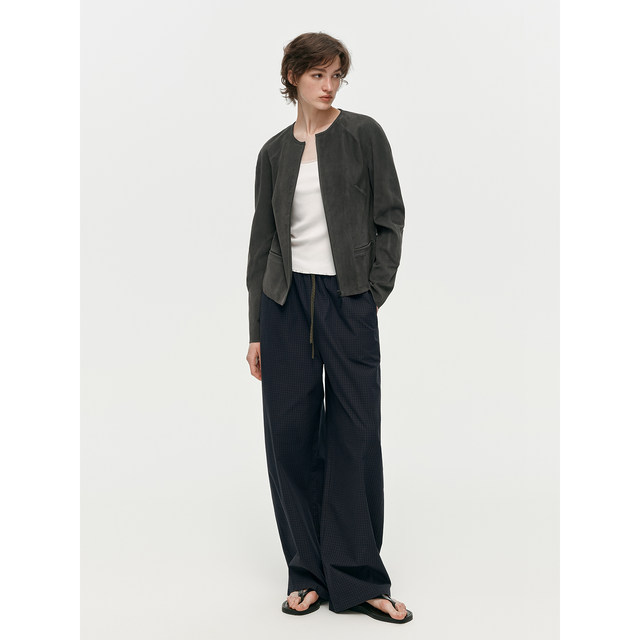 Hua Jiyan Hidden Plaid Pants 100 Cotton Plaid Elastic Waist Wide Leg Straight Pants Versatile Casual Pants Women Summer