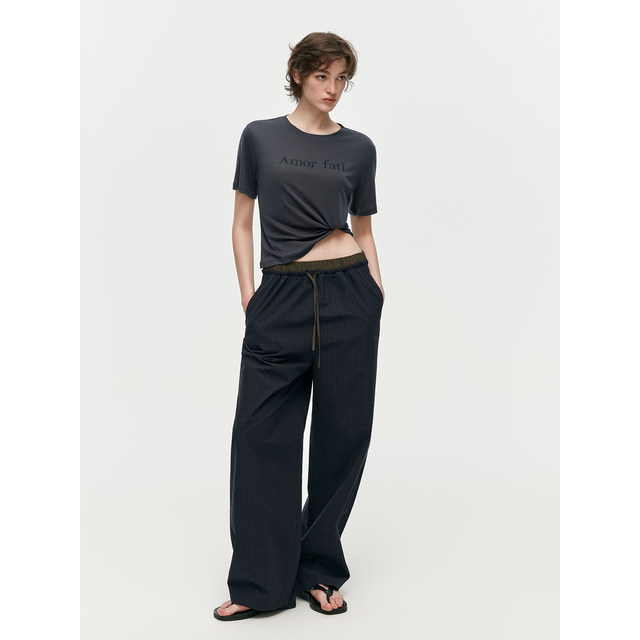 Hua Jiyan Hidden Plaid Pants 100 Cotton Plaid Elastic Waist Wide Leg Straight Pants Versatile Casual Pants Women Summer