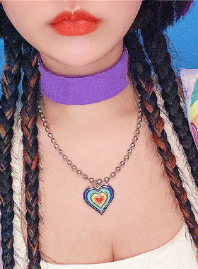 彩虹爱心圆珠项链ins冷淡风创意短款锁骨链欧美choker嘻哈毛衣链