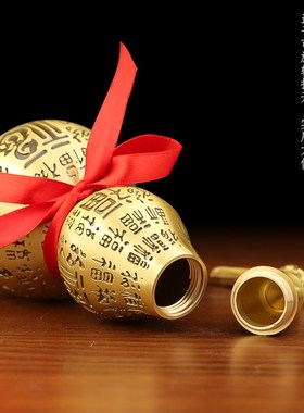 纯黄铜百福葫芦摆件开盖胡葫开口空心家用玄关全铜葫芦五帝钱挂件