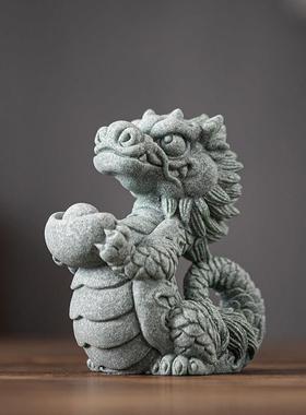 国潮风青砂石生肖龙瑞兽神龙摆件茶宠可养创意鱼缸造景盆栽装饰品