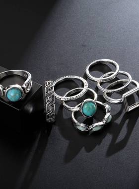 -New Retro Turquoise Eight-piece Combination Ring Set Fashio