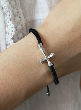 闲工造物手工十字架纯银手链 男女蜡线编织绳手绳情侣款黑绳饰品
