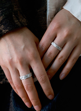 原创山海纯银999情侣开口戒指