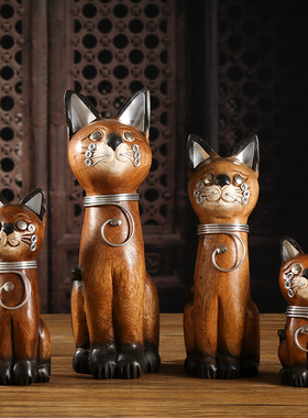 泰国实木招财猫摆件木质工艺品创意客厅装饰品东南亚小猫桌面摆设