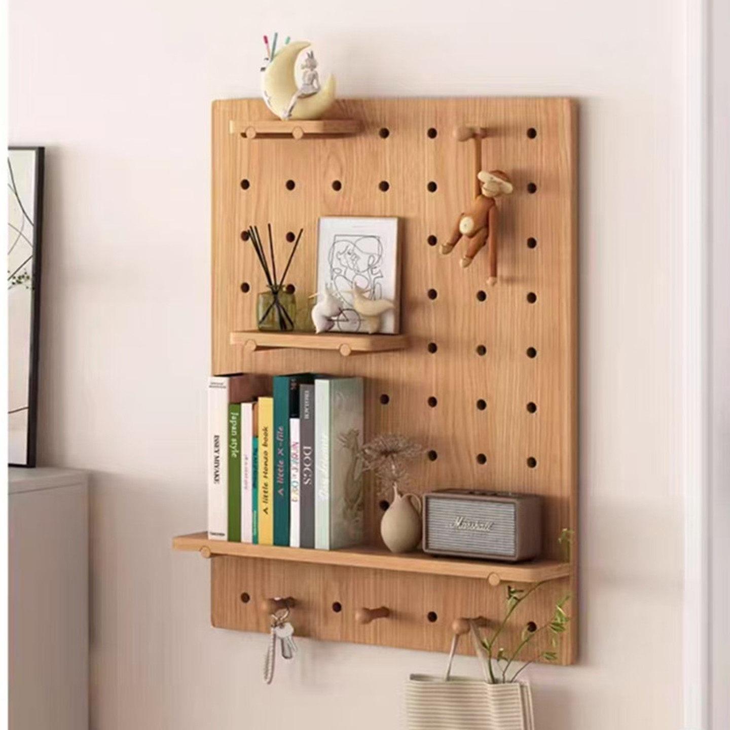 Red oak cherry wood solid wood hole board custom wall decoration entrance storage shelf wooden wall hanging hole