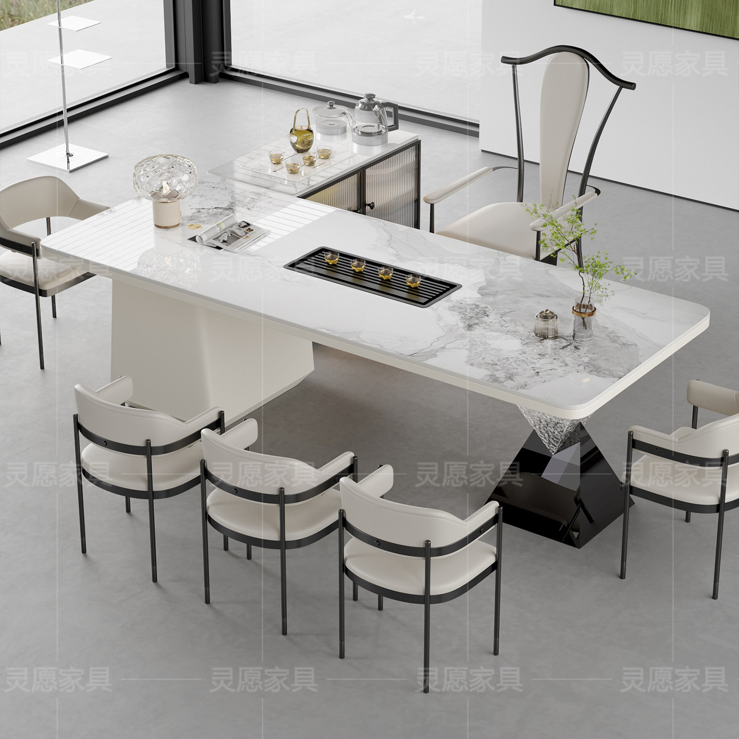 奶油风岩板茶桌椅茶车组合轻奢高端茶台办公一体洽谈接待泡茶桌,淘宝优惠券,粉丝福利购,淘宝优惠卷