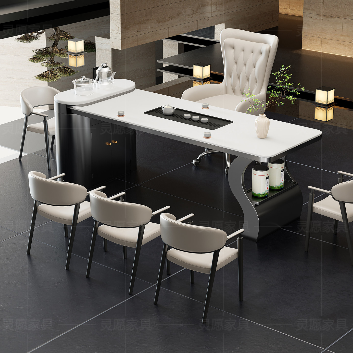 轻奢风岩板茶桌椅组合轻奢现代高端茶台办公一体洽谈接待泡茶桌,淘宝优惠券,粉丝福利购,淘宝优惠卷