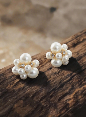 法式简约锆石珍珠烟花状耳饰