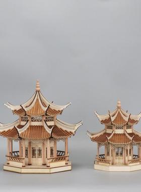 新中式木质八角凉亭建筑摆件客厅电视柜玄关招财摆设镜像可装灯具