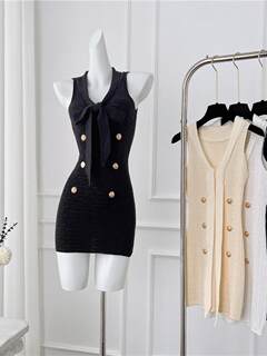 French small fragrance style sleeveless knitted dress for women summer and autumn new style of celebrity temperament short skirt waist-hugging and slimming skirt