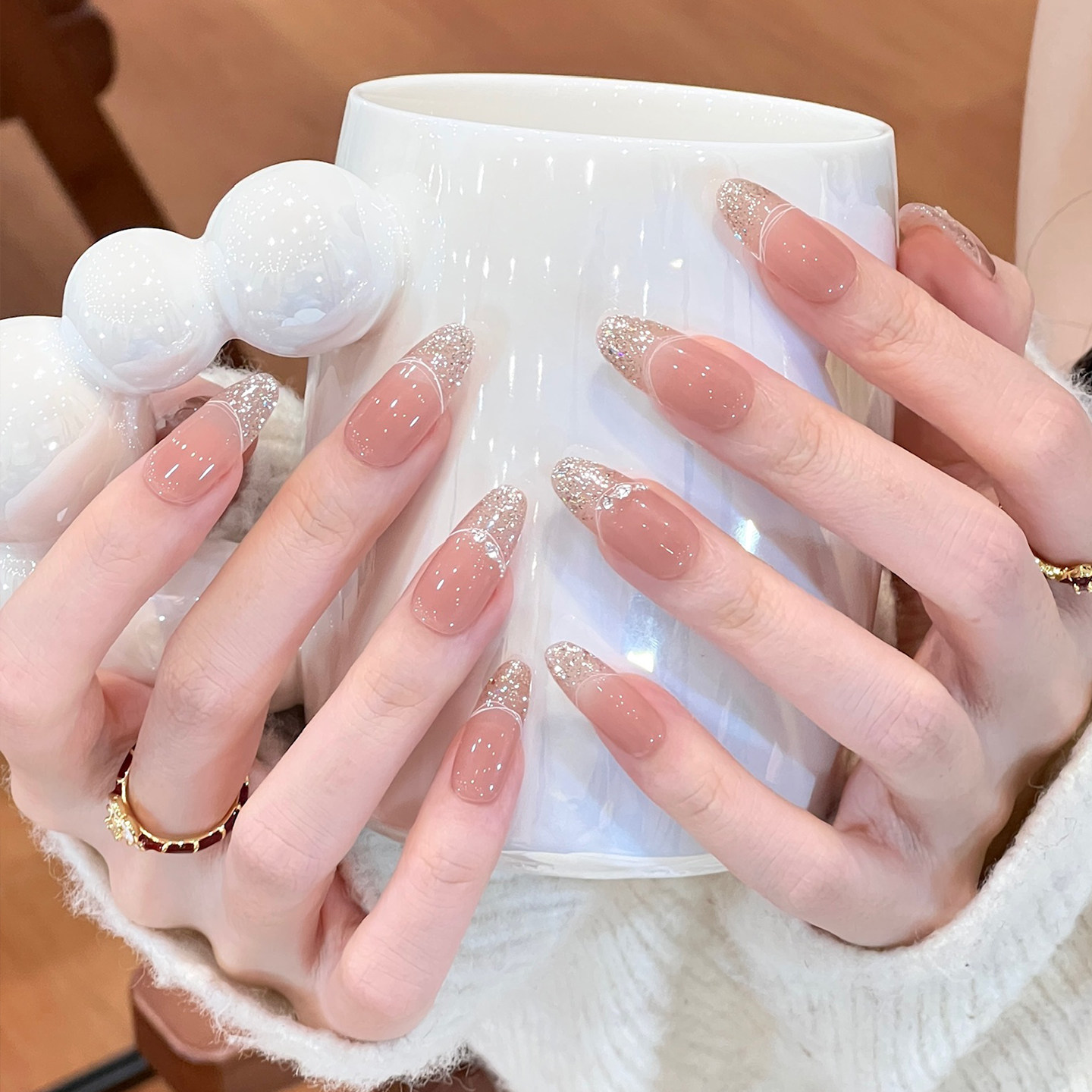 植兔2026新款美甲穿戴甲裸色冰透短款法式碎钻高级感杏仁成品贴片,淘宝优惠券,粉丝福利购,淘宝优惠卷