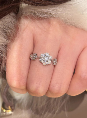 925银银色微镶满钻花朵雪花戒指新款法式精致轻奢小众设计饰品