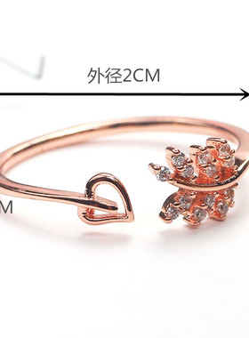Elegant Leaf Ring Open Heart Zircon Thin Circle Ring心形戒指