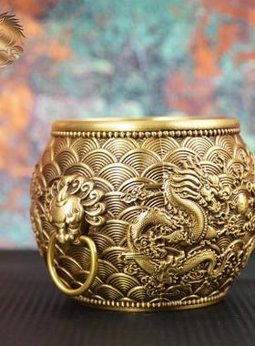 宏达 全黄铜浮雕二龙戏珠铜缸家居玄关狮头龙纹缸摆件