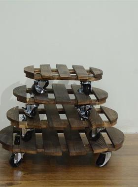 现货实木圆形万向轮花盆木托带轮花盆底座 碳化木质移动花托底座